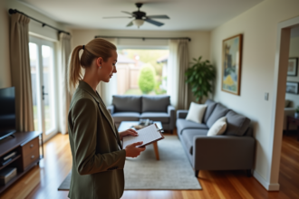 Agent immobilier féminin prenant des notes dans une maison