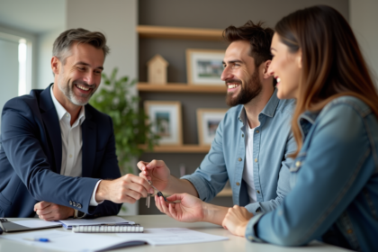 Agent immobilier remettant des clés à un couple souriant