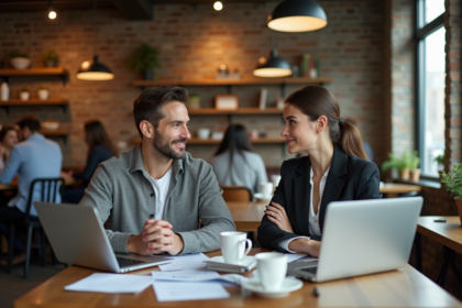 Deux amis en discussion dans un café avec laptops et papiers