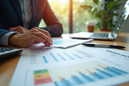 Personne analysant un relevé bancaire avec ordinateur et calculatrice