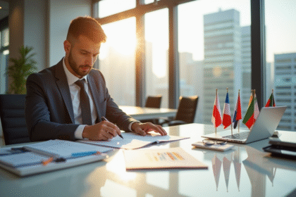 Personne confiante analysant documents fiscaux internationaux