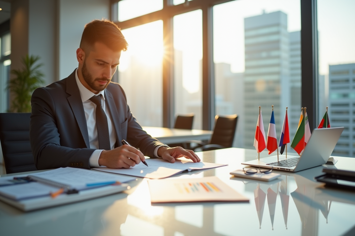 Personne confiante analysant documents fiscaux internationaux