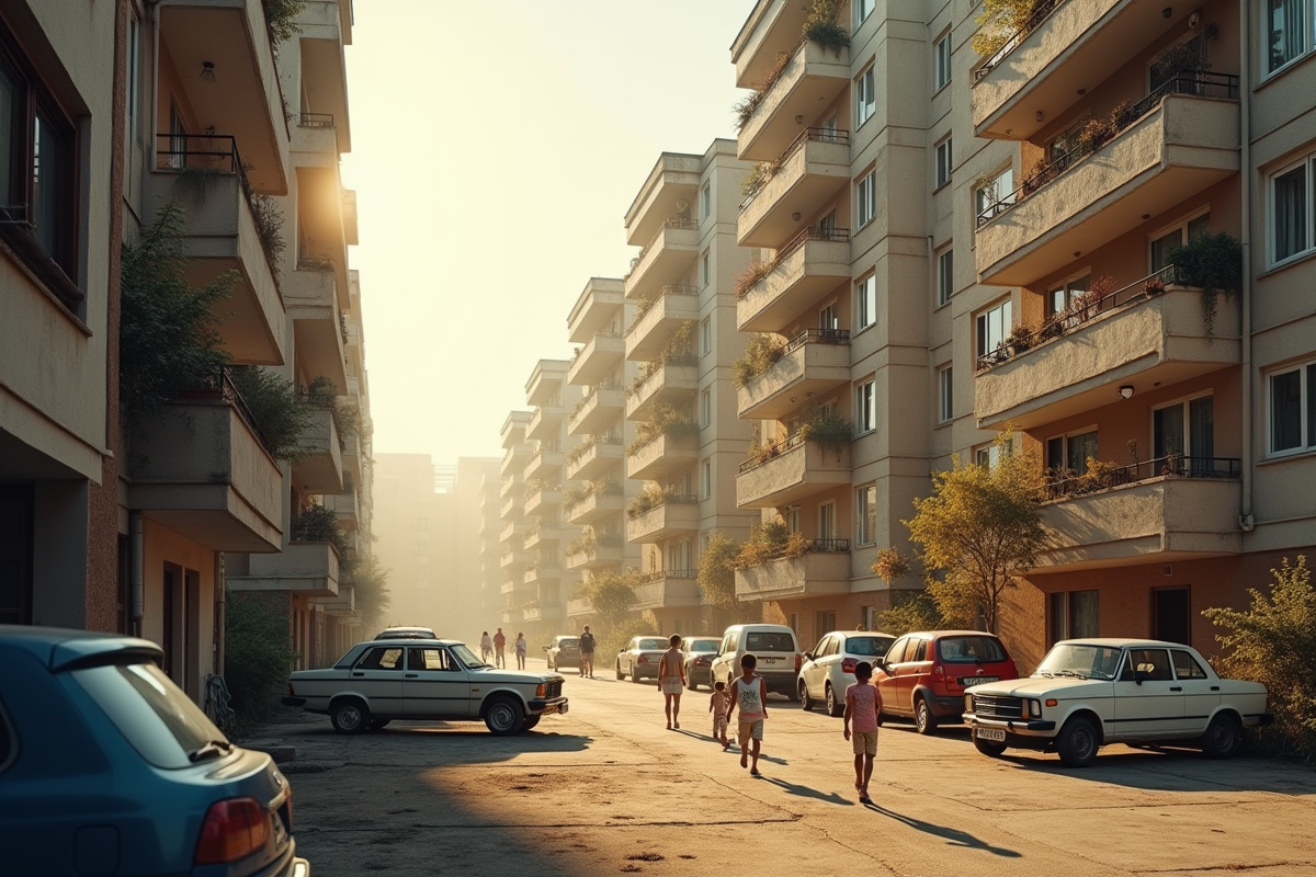 Ancien immeuble HLM avec balcons et enfants jouant