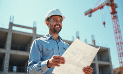Architecte confiant examinant des plans sur un chantier lumineux