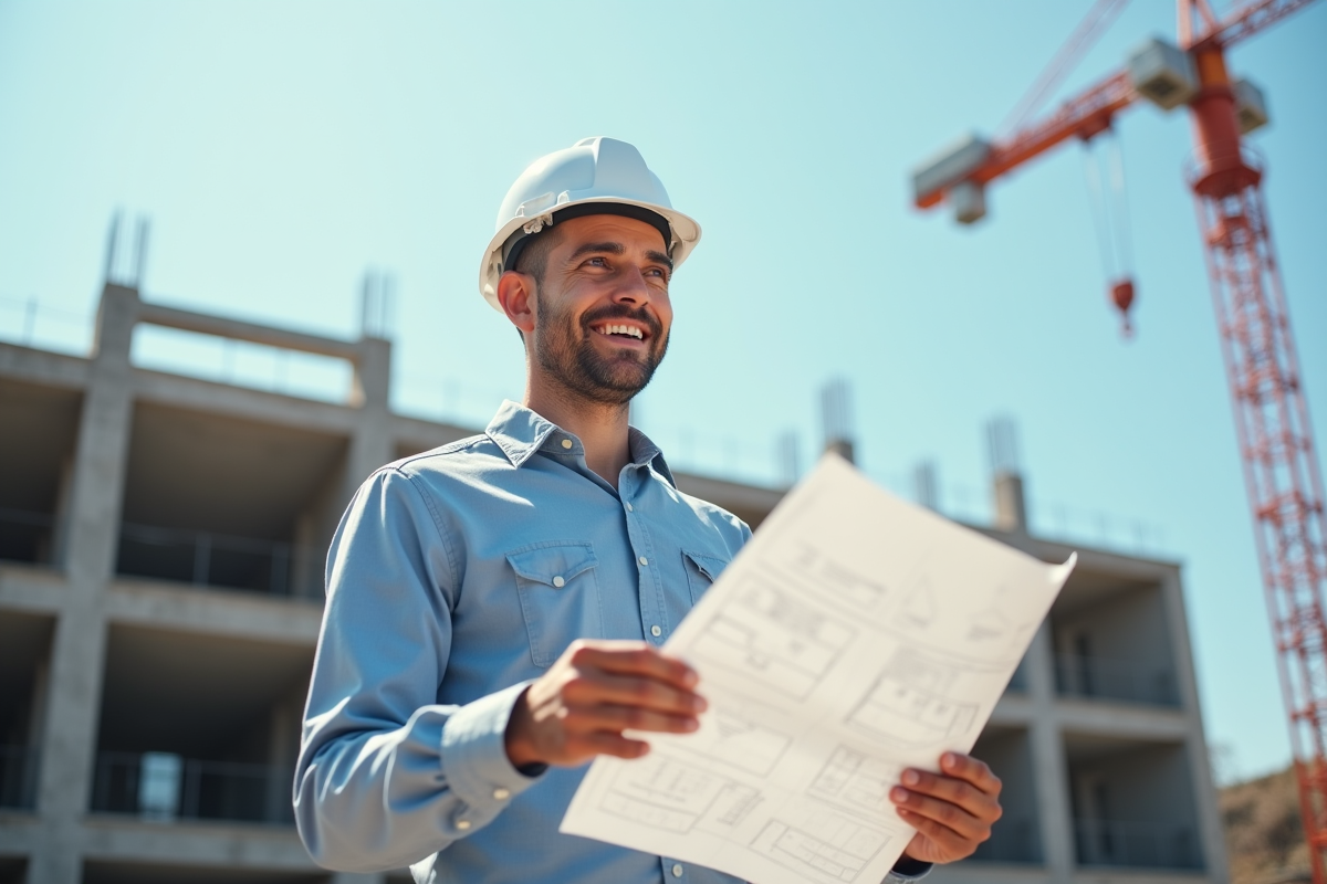 Architecte confiant examinant des plans sur un chantier lumineux