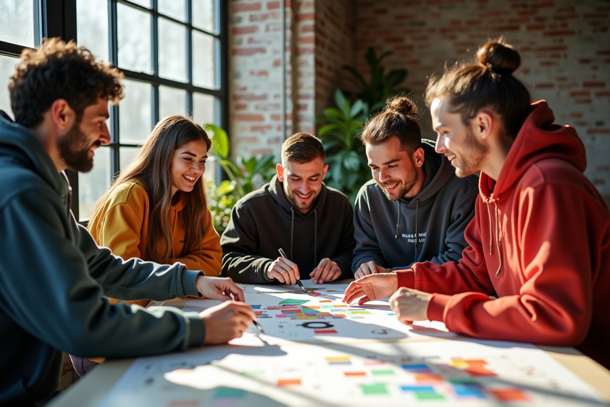 Groupe divers de créatifs travaillant sur des prototypes dans un loft lumineux