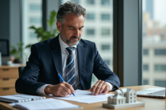 Avocat immobilier homme en costume bleu dans un bureau moderne