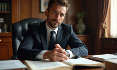Avocat en costume tenant le Code Civil dans un bureau ensoleille