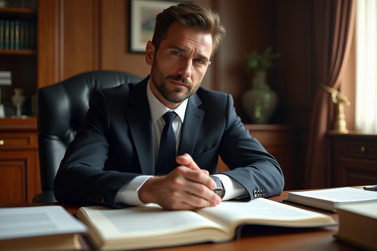 Avocat en costume tenant le Code Civil dans un bureau ensoleille