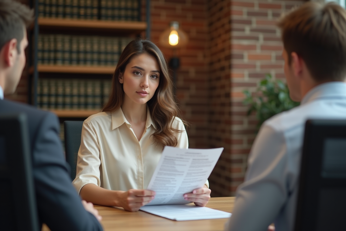 Jeune avocate immobiliere explique un rapport financier en coworking