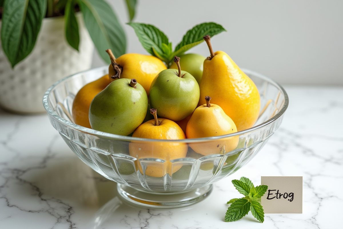 Bol élégant de fruits exotiques sur marbre avec recette