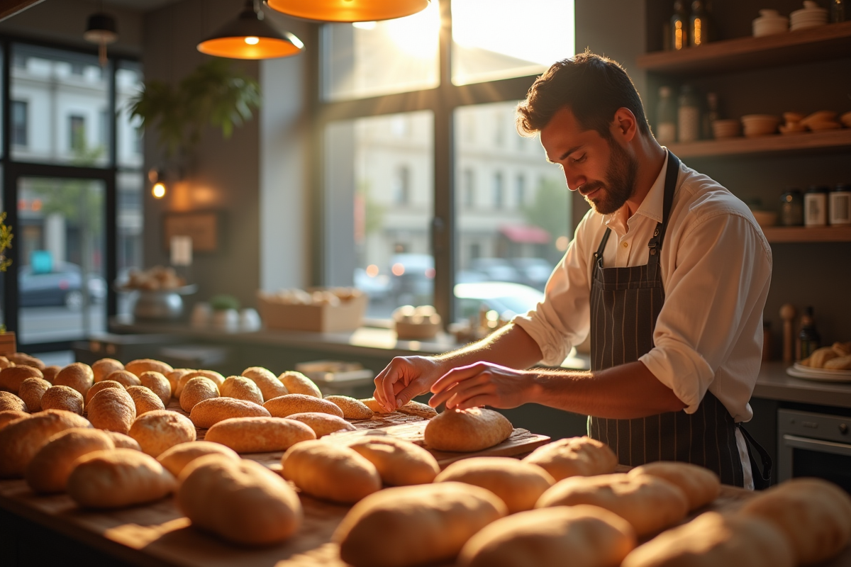 Boulanger dans une boulangerie moderne disposant du pain chaud