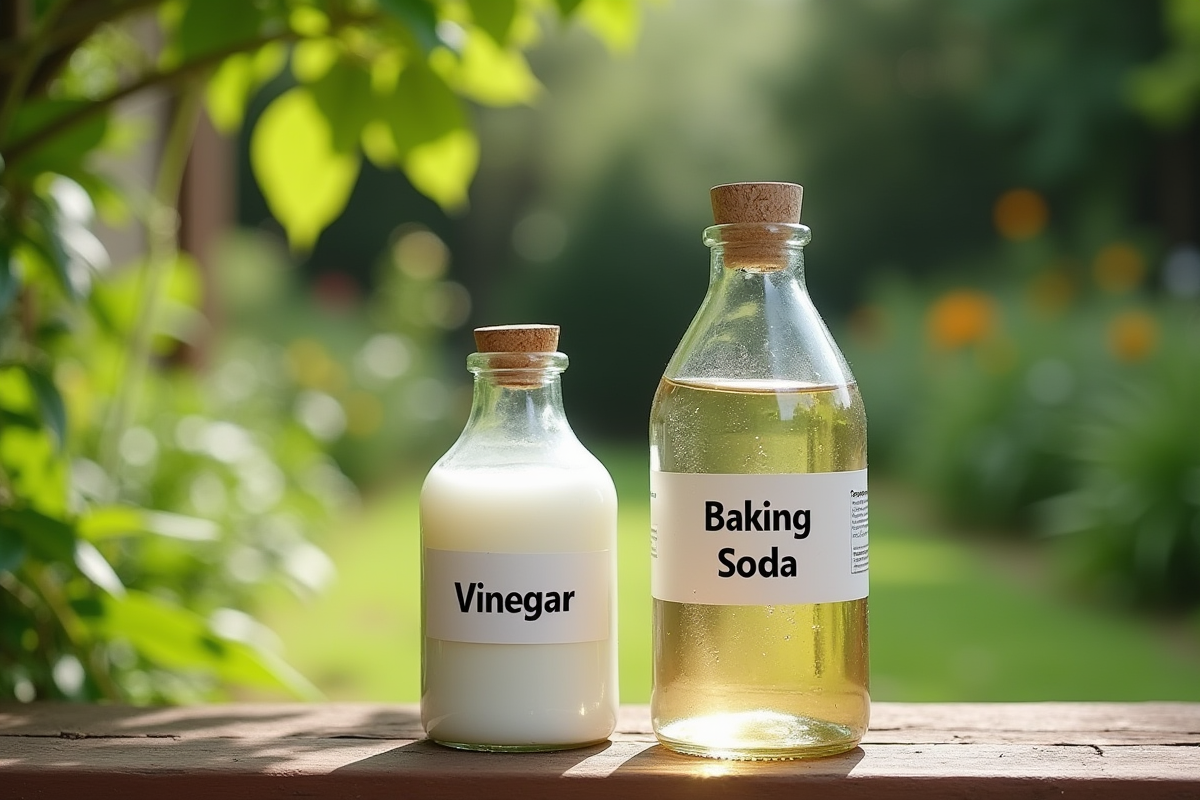 Deux bouteilles de vinaigre et bicarbonate sur une table en bois dans un jardin ensoleille