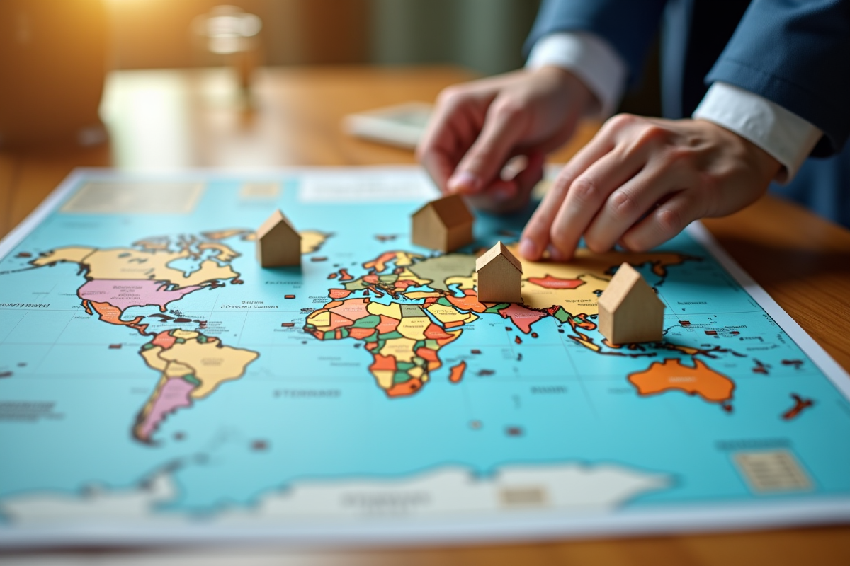 Carte du monde avec pièces et maisons pour la planification fiscale