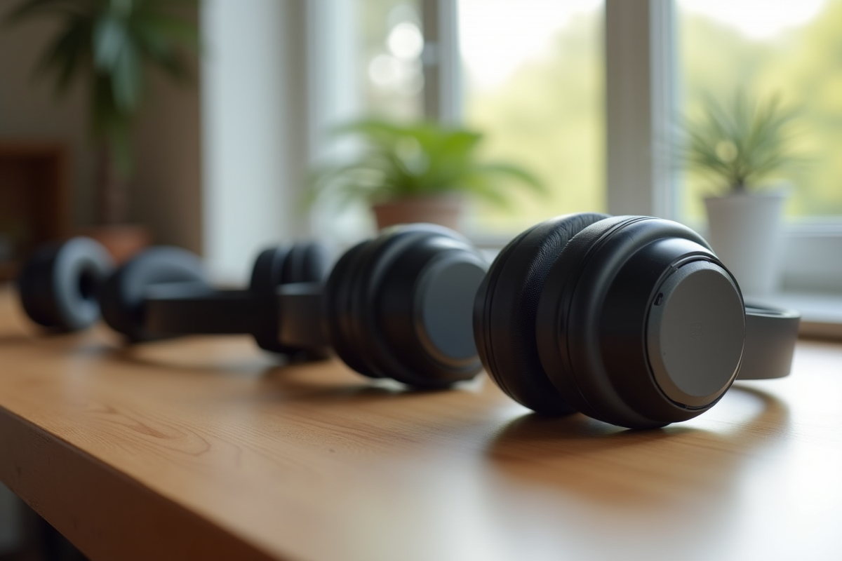 Plusieurs casques Bluetooth modernes sur une table en bois