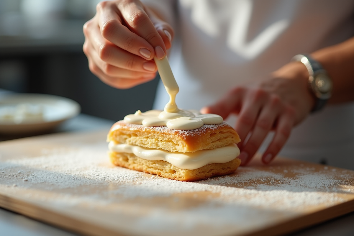 Chef appliquant le glaçage sur millefeuille en cuisine lumineuse