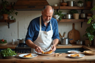 Chef français en cuisine préparant du foie gras doré