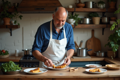 Chef français en cuisine préparant du foie gras doré