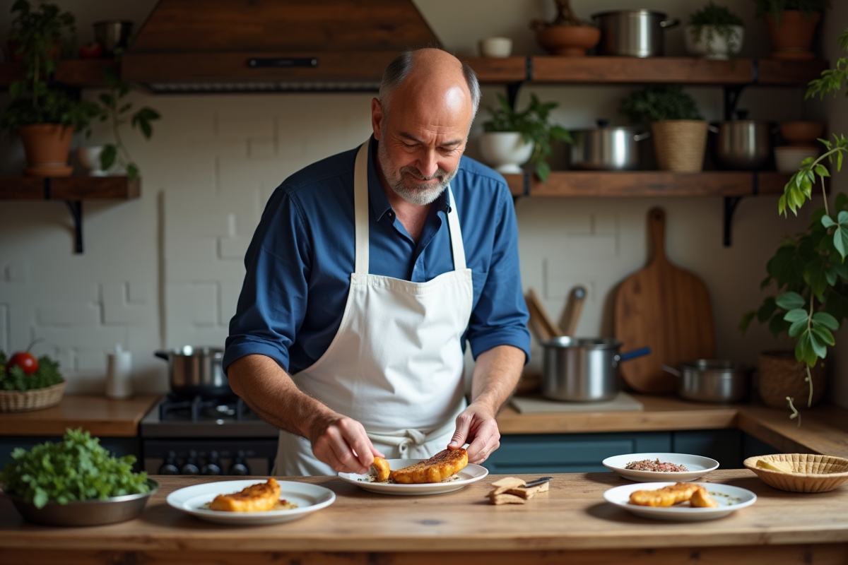 Chef français en cuisine préparant du foie gras doré
