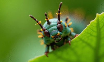 Gros plan sur une chenille sphinx-moth mangeant une feuille verte