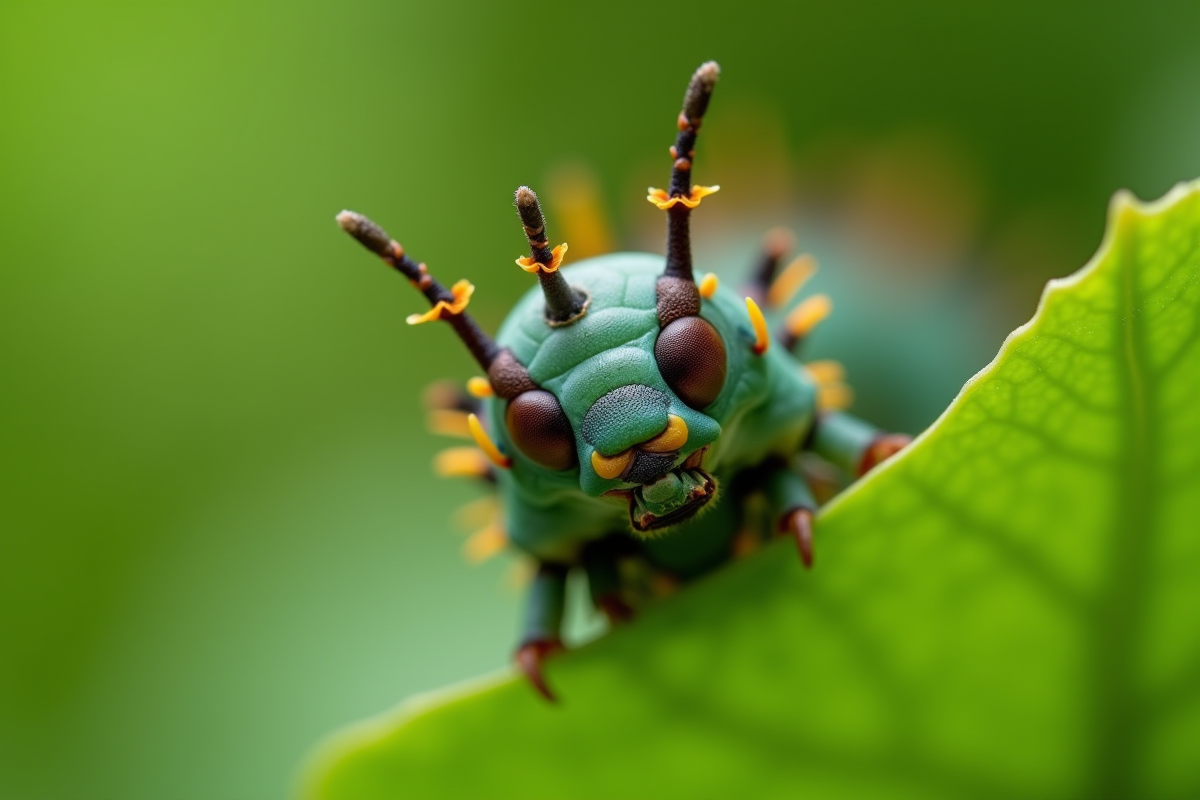 Gros plan sur une chenille sphinx-moth mangeant une feuille verte