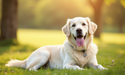 Golden retriever blanc allongé dans un champ ensoleille