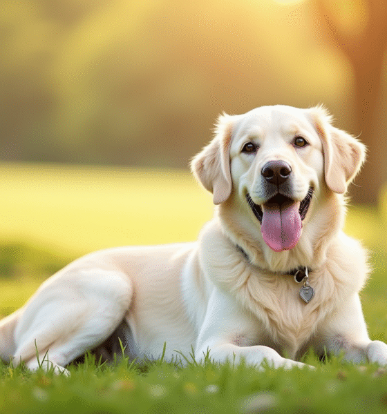 Golden retriever blanc allongé dans un champ ensoleille