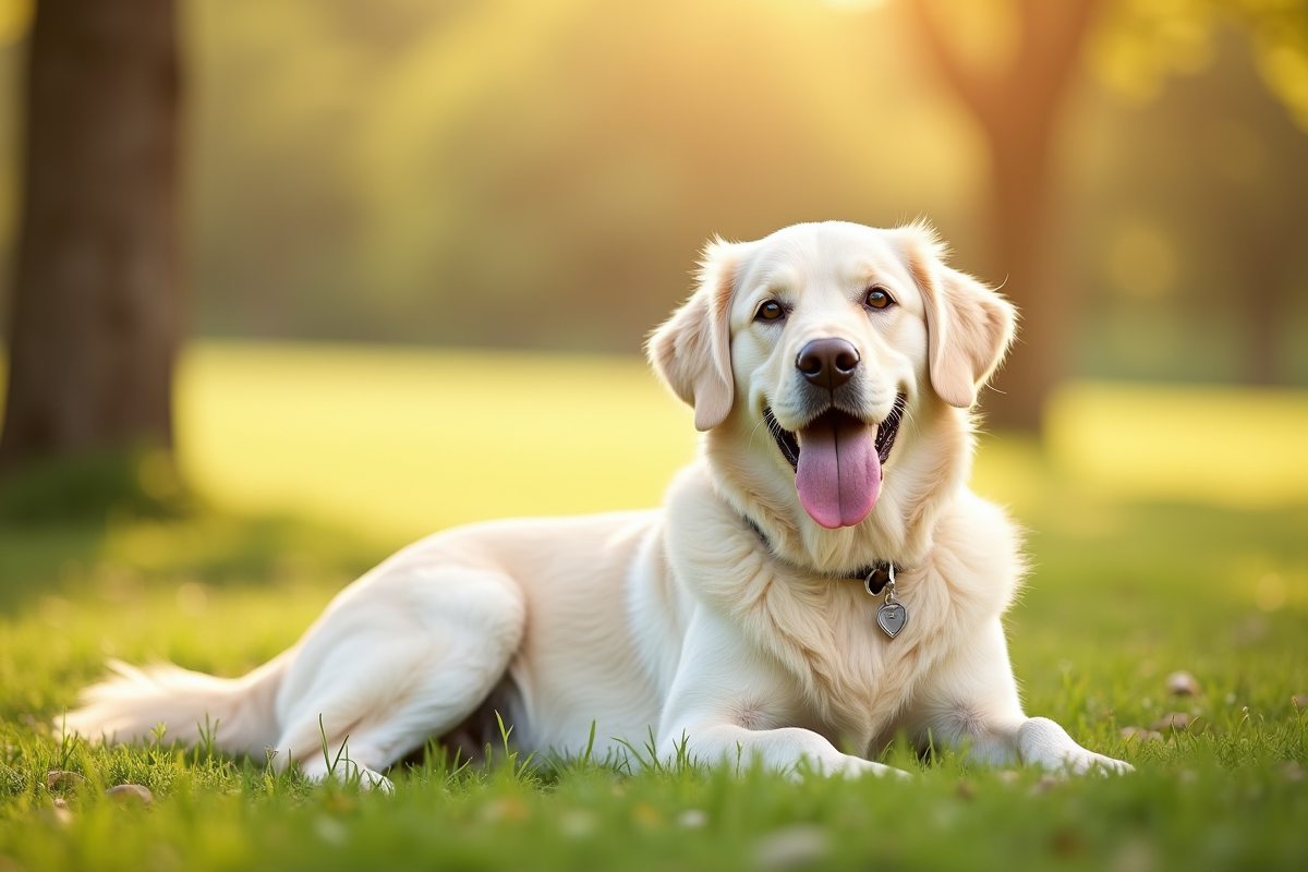 Golden retriever blanc allongé dans un champ ensoleille