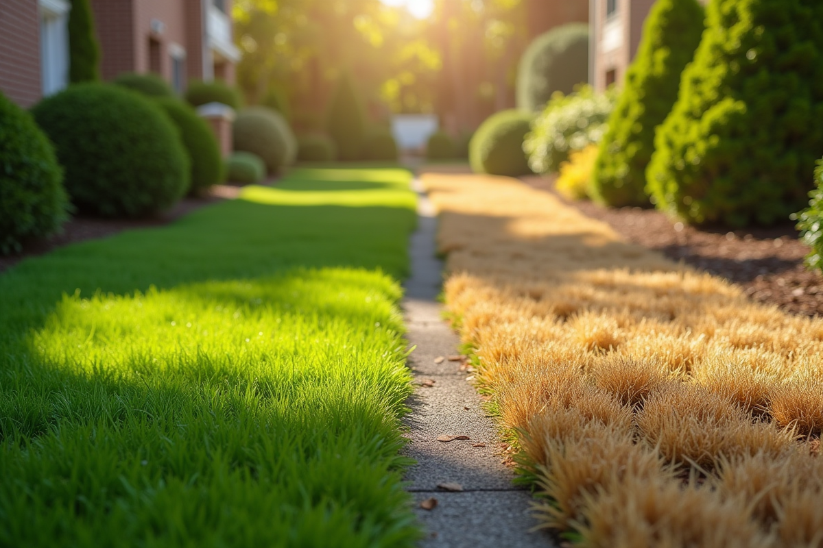Comparaison entre pelouse saine et mauvaises herbes traitées en extérieur