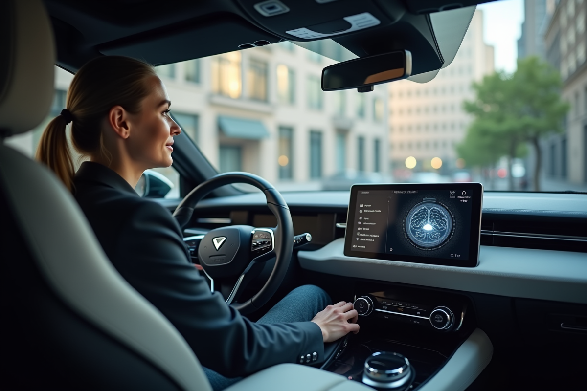 Conductrice regardant un tableau de bord digital dans une voiture haut de gamme