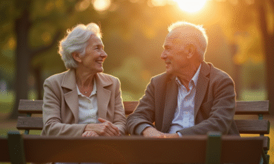 Couple âgé main dans la main sur un banc ensoleillé