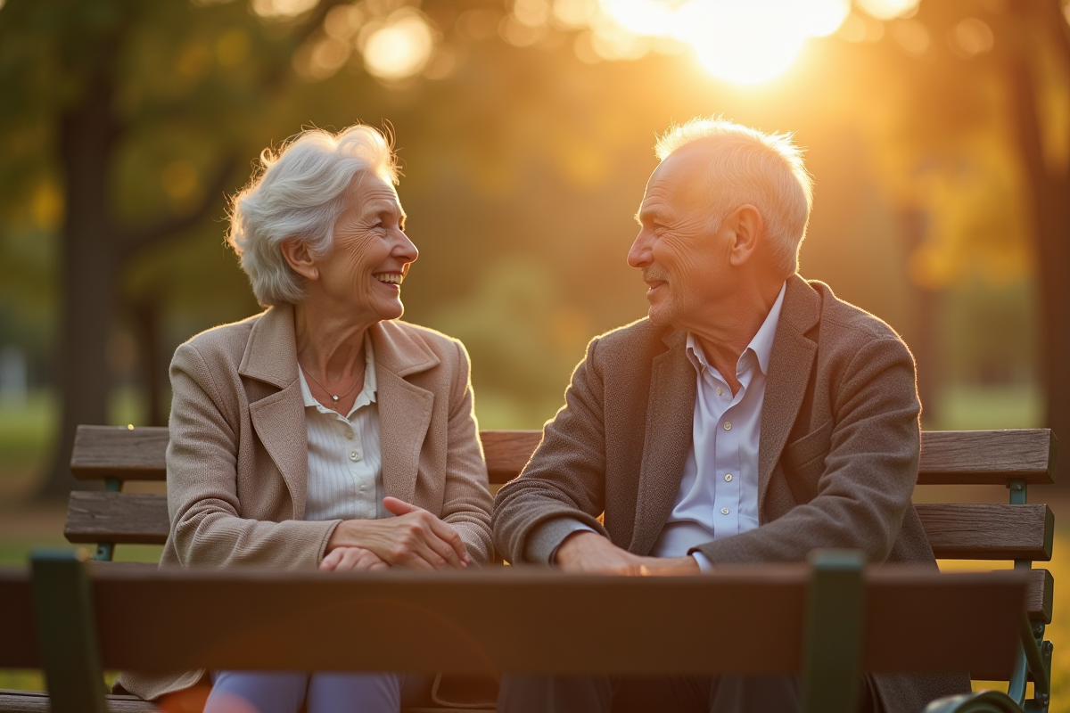 Couple âgé main dans la main sur un banc ensoleillé