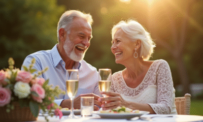 Couple souriant célébrant leur anniversaire dans un jardin