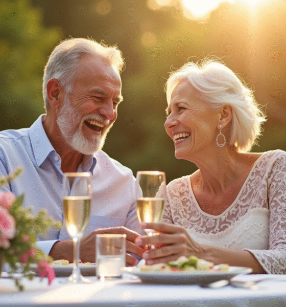 Couple souriant célébrant leur anniversaire dans un jardin