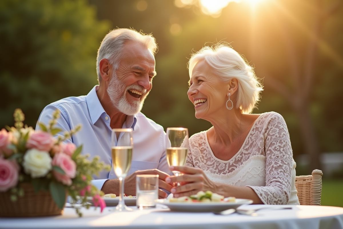 Couple souriant célébrant leur anniversaire dans un jardin