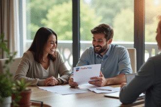 Couple souriant discutant de prêt immobilier avec conseiller