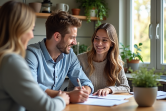 Couple souriant signant un prêt immobilier dans une cuisine moderne