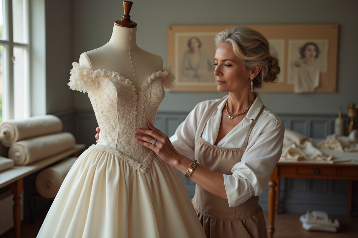 Modiste élégante ajustant une robe de haute couture dans son atelier