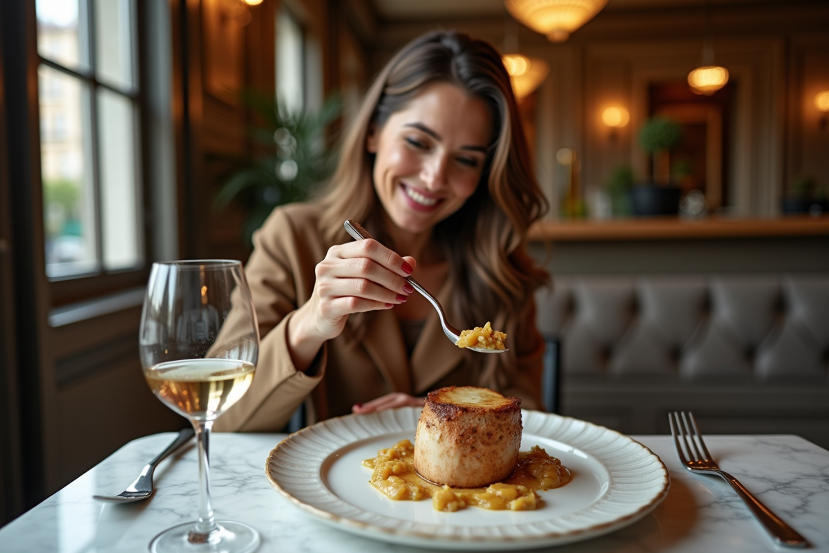 Femme dégustant un foie gras dans un bistrot parisien
