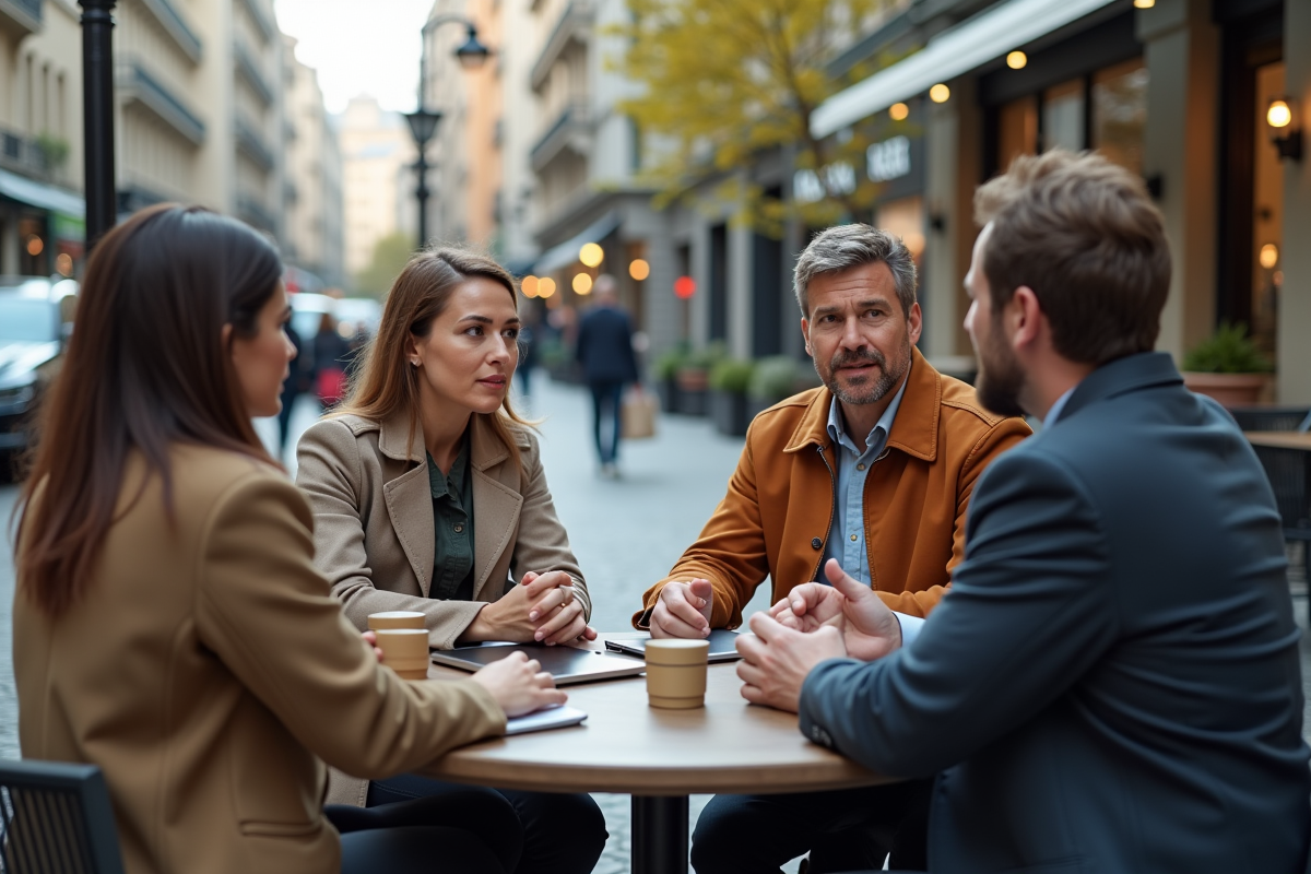 Groupe d entrepreneurs discutant dans un café urbain