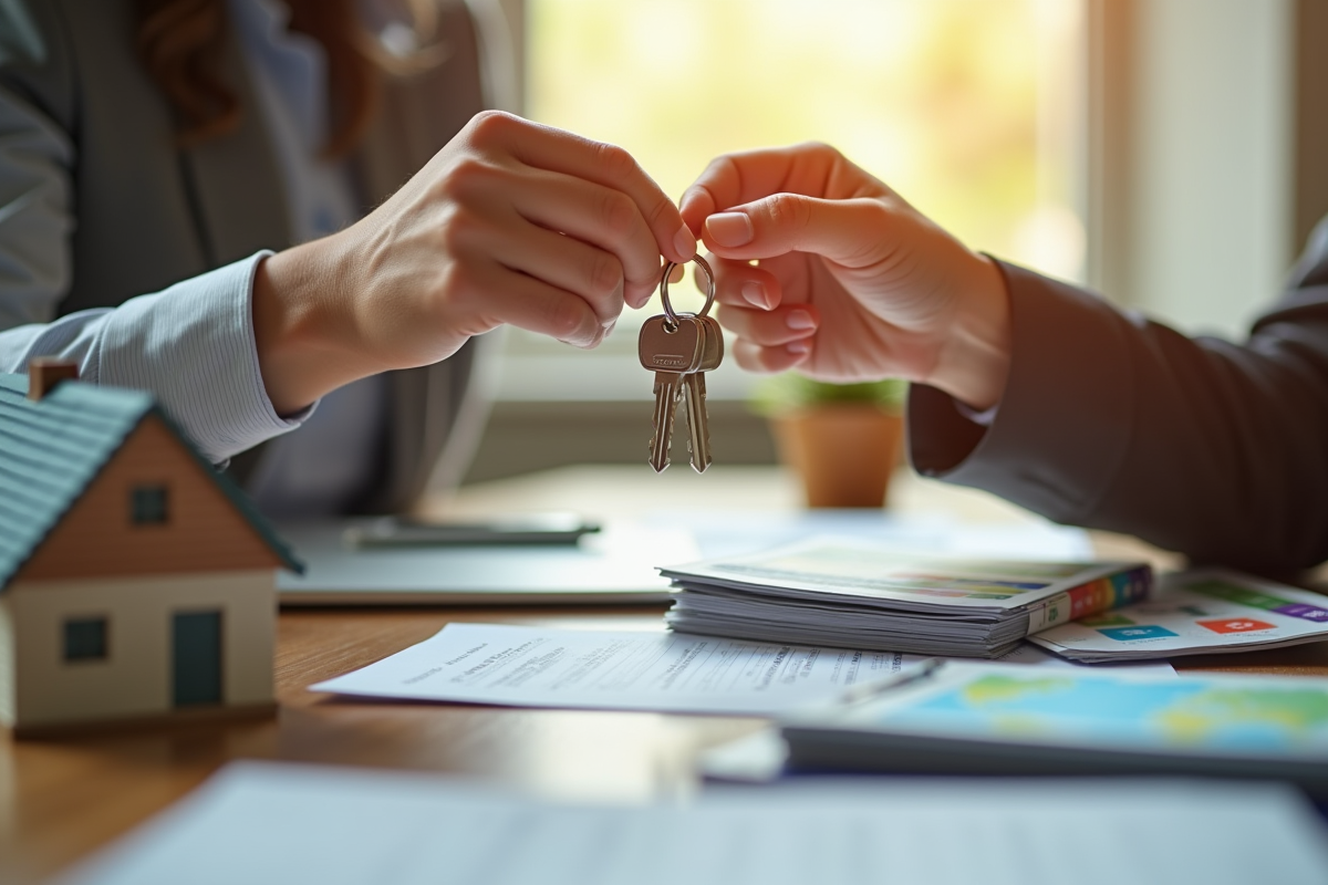Main échangeant des clés de maison sur un bureau en bois