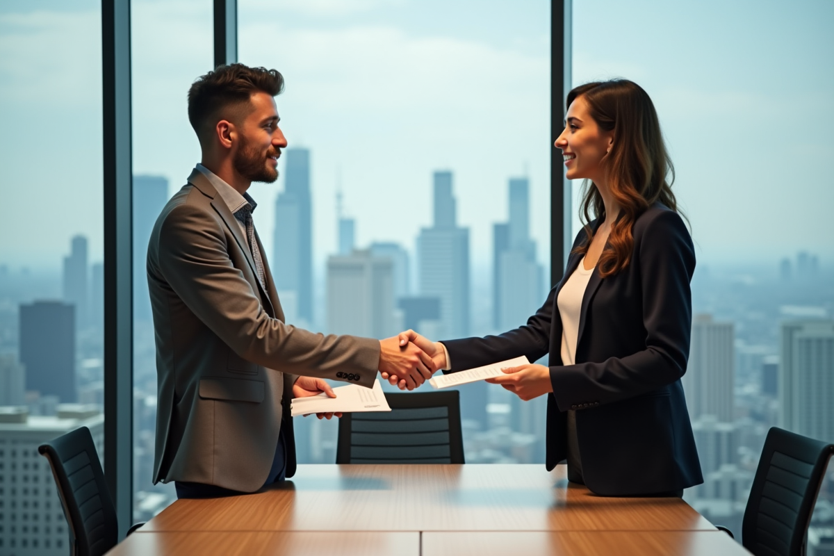 Deux jeunes professionnels échangent des documents dans une salle moderne