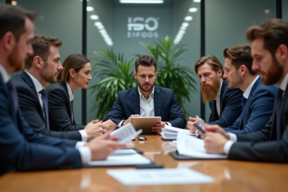 Groupe de professionnels autour d'une table avec documents ISO 20400