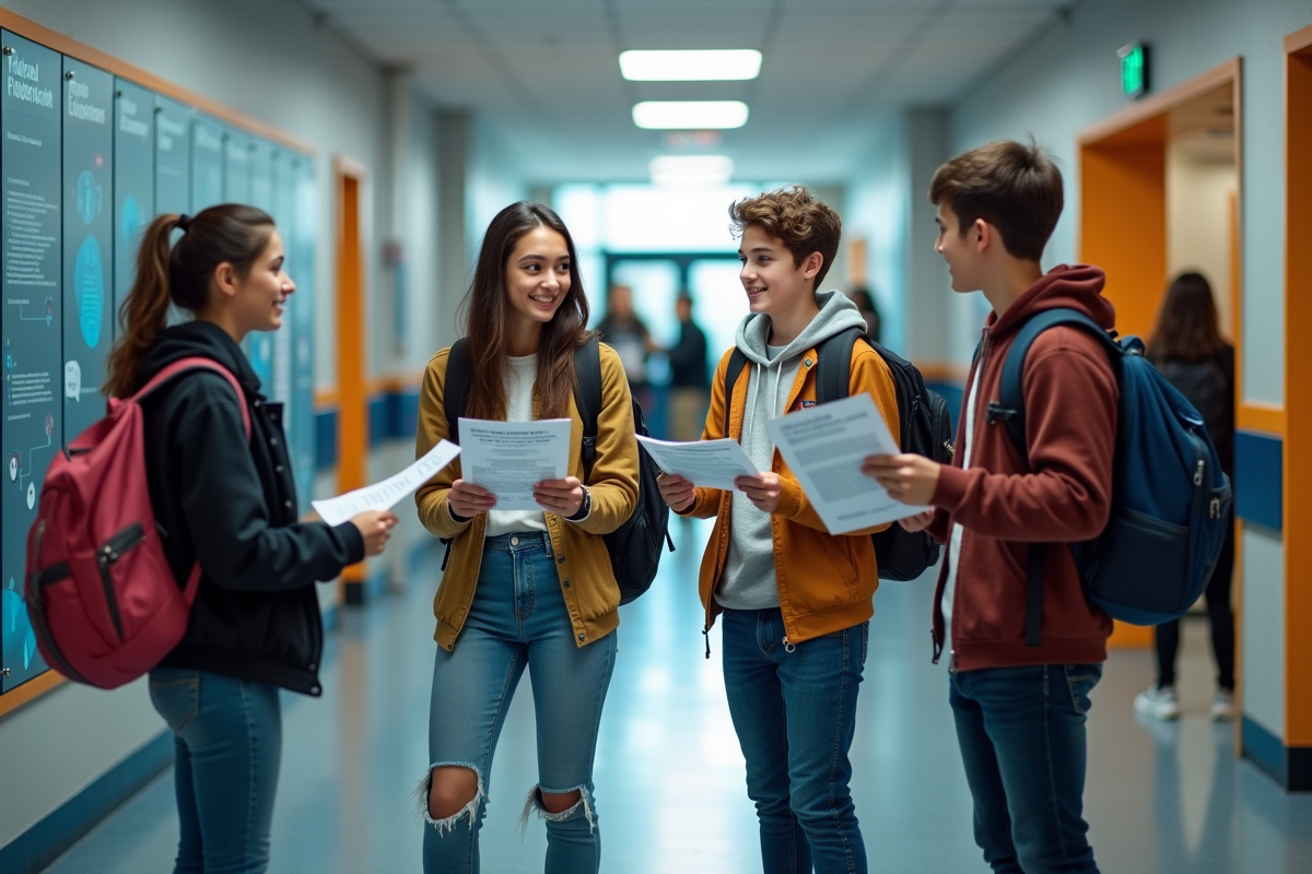 Groupe d etudiants discutant dans le couloir scolaire
