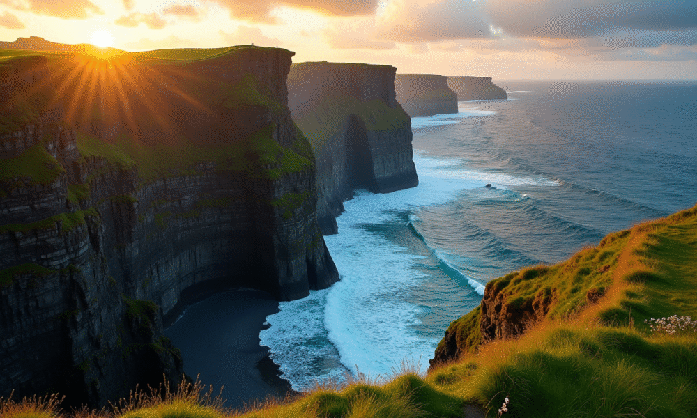 Falaises de Moher en Irlande lors de l'heure dorée paysage dramatique