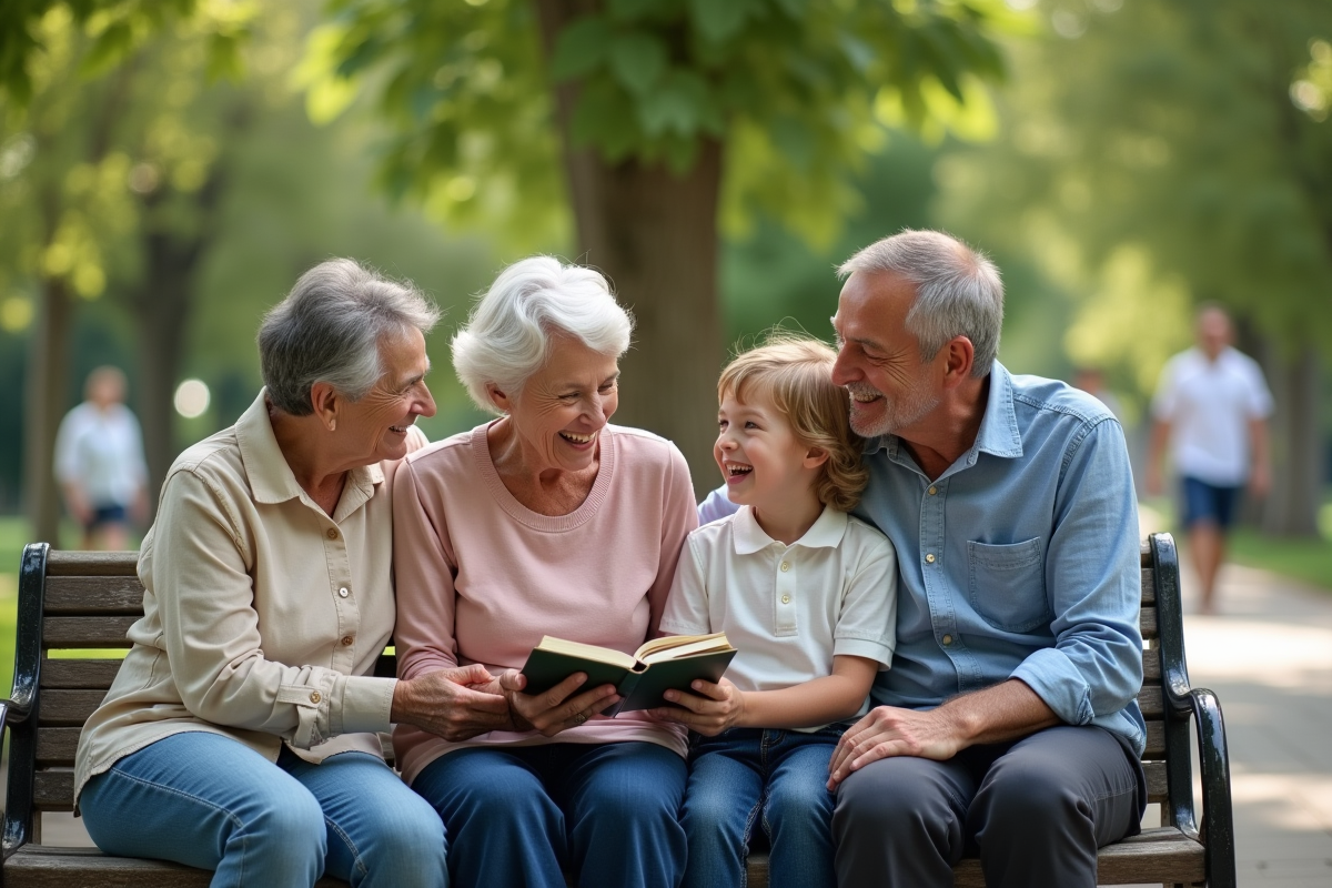 Famille multigeneration souriante dans un parc en plein air