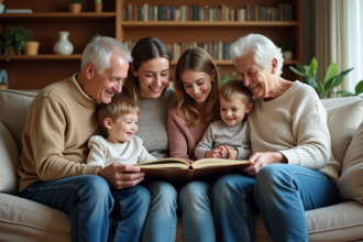 Famille multigenerations souriante dans le salon chaleureux