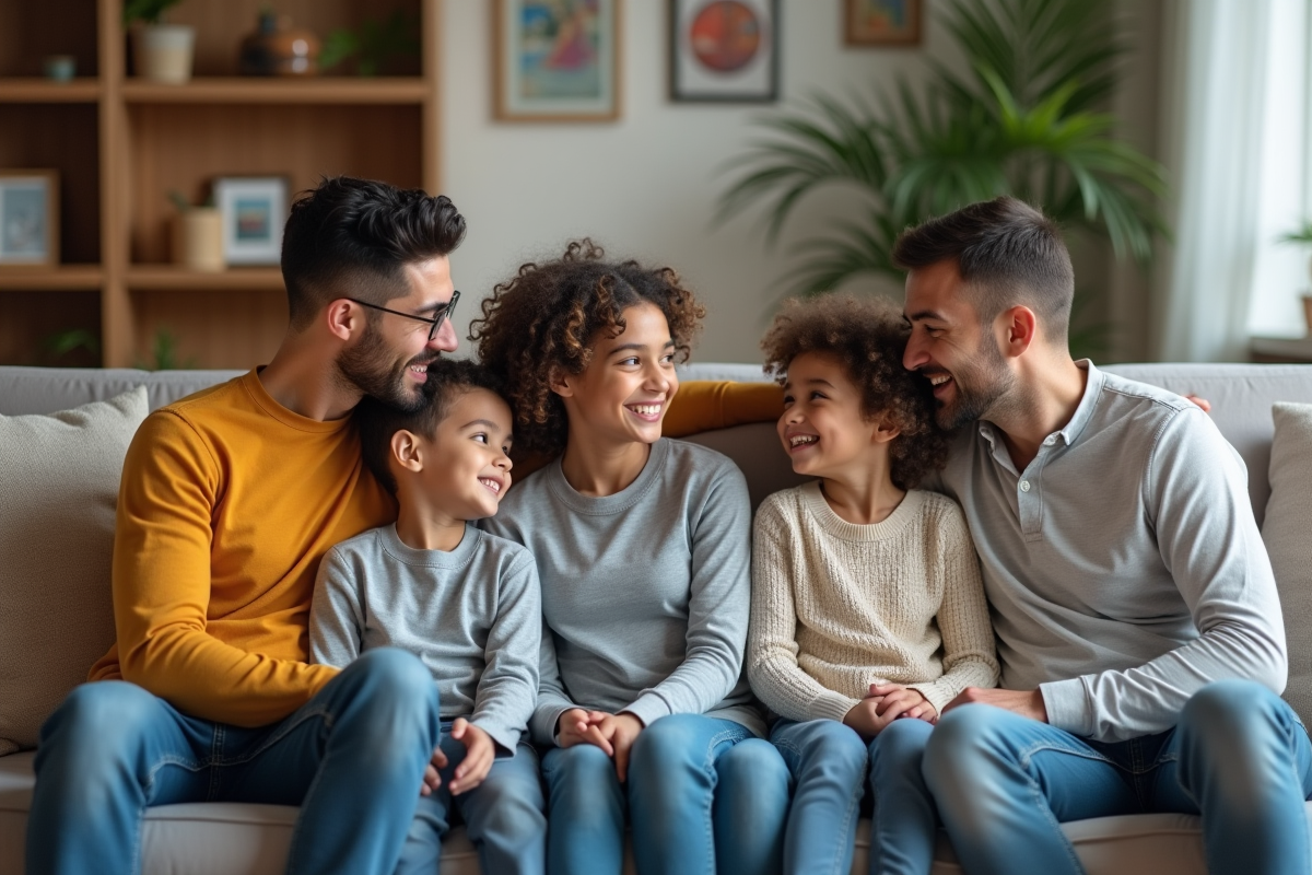 Famille multiculturelle assise sur un canapé moderne
