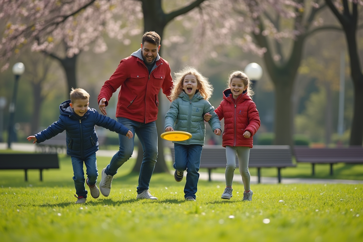 Famille jouant au frisbee dans un parc vert au printemps