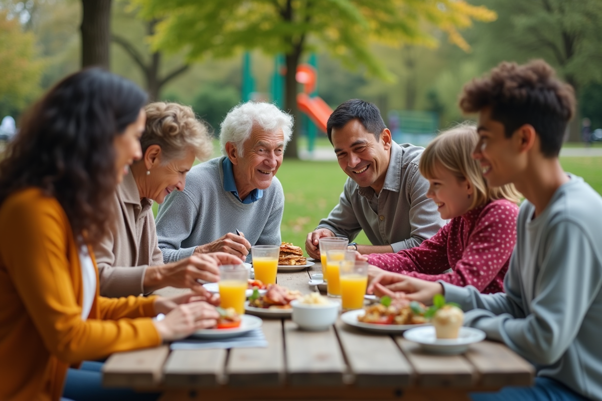 Trois générations de famille partageant un repas au parc
